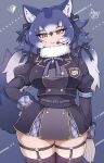 1girl animal_ear_fluff animal_ears arm_at_side armband bangs belt black_hair black_legwear blue_hair blue_lips cowboy_shot dire_wolf_(kemono_friends) empty_eyes eyebrows_visible_through_hair fur_collar garter_straps gloves grey_hair hair_ornament hair_ribbon hand_on_hip head_tilt headset highres jacket juliet_sleeves kemono_friends kemono_friends_v_project leg_garter lipstick long_hair long_sleeves looking_at_viewer makeup microskirt multicolored_hair neck_ribbon official_alternate_costume parted_lips plaid plaid_sleeves plaid_trim puffy_sleeves ribbon skindentation skirt smile solo tail tanaka_kusao thighhighs twintails virtual_youtuber white_gloves wolf_ears wolf_girl wolf_tail yellow_eyes zettai_ryouiki 
