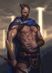  abs absurdres artist_name bara bare_pectorals beard biceps blurry blurry_background body_hair breasts brown_eyes brown_hair cape dust ear_piercing earrings facial_hair gauntlets highres jewelry lance large_breasts league_of_legends light_rays loincloth male_focus manly mature_male mohawk muscular muscular_male navel nipples pantheon_(league_of_legends) pectoral_cleavage pectorals piercing polearm saturn_(satscarlet) scar scar_on_chest scar_on_stomach solo tattoo thick_arms weapon 