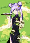  1girl black_dress china_dress chinese_clothes closed_mouth cowboy_shot dress earrings floral_print green_background hair_ornament hair_scrunchie holding holding_plate hugtto!_precure jewelry long_hair looking_at_viewer plate precure print_dress purple_eyes purple_hair ruru_amour scrunchie shiny shiny_hair sleeveless sleeveless_dress smile solo standing teapot tomo5656ky twintails very_long_hair yellow_scrunchie 