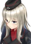  1girl bangs black_headwear black_jacket blue_eyes blush commentary depayama_(depaty) dress_shirt eyebrows_visible_through_hair garrison_cap girls_und_panzer hat highres insignia itsumi_erika jacket kuromorimine_military_uniform light_frown long_sleeves looking_at_viewer medium_hair military military_hat military_uniform portrait red_shirt shirt silver_hair simple_background solo uniform white_background wing_collar 