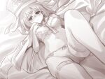  1girl bed blush hands_on_own_chest headgear highres ishiyumi leg_up lingerie original priestess short_hair thighhighs underwear 