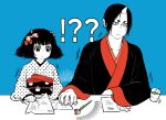  1boy 1girl black_hair desk eyeshadow hoozuki_(hoozuki_no_reitetsu) hoozuki_no_reitetsu horns japanese_clothes makeup mole mole_under_eye on_desk oni_horns paper peach_maki pencil short_hair sitting sitting_on_desk surprised tea touching yasoji_(16321578) 