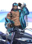  abs absurdres bara bare_pectorals beard biceps bicycle black_hair body_hair broad_shoulders chain chest_hair collar facial_hair glasses gloves ground_vehicle highres jacket large_pectorals league_of_legends looking_at_viewer male_focus manly mature_male muscular muscular_male navel navel_hair nipples open_clothes open_jacket pants pectoral_cleavage pectorals sideburns solo sylas_(league_of_legends) tattoo tengo_(maotengo) thick_arms yaoi 