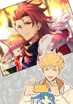  2boys bangs black_shirt blonde_hair carbuncle_(final_fantasy) closed_eyes closed_mouth coffee_cup cup disposable_cup granblue_fantasy holding holding_cup holding_phone hood hood_down hooded_jacket jacket male_focus multiple_boys ono_(0_no) open_mouth percival_(granblue_fantasy) phone red_eyes red_hair shirt short_hair smile vane_(granblue_fantasy) white_jacket 