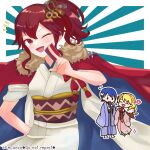  1boy 2girls alfonse_(fire_emblem) anna_(fire_emblem) bangs blonde_hair blue_hair blush cm_anco fire_emblem fire_emblem_heroes hair_ornament jacket jacket_on_shoulders japanese_clothes kimono looking_at_viewer multiple_girls official_alternate_costume one_eye_closed open_mouth ponytail red_eyes red_hair sharena_(fire_emblem) side_ponytail twitter_username 