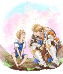  2boys armor armored_boots bangs blonde_hair boots brown_gloves child closed_eyes fdkbn gloves granblue_fantasy looking_at_another male_focus multiple_boys open_mouth pauldrons shirt short_hair shoulder_armor single_pauldron sitting smile vambraces vane_(granblue_fantasy) white_shirt 