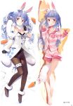 1girl :d :o absurdres animal_ear_fluff animal_ears bangs bare_legs barefoot bed_sheet between_legs black_leotard blue_hair blunt_bangs blush bow bowtie braid breasts buttons carrot_hair_ornament cleavage collarbone dakimakura_(medium) don-chan_(usada_pekora) eyebrows_visible_through_hair food-themed_hair_ornament full_body fur_collar fur_trim gloves hair_ornament highres holding hololive leotard leotard_under_clothes long_hair long_sleeves looking_at_viewer lying multicolored_hair multiple_views no_shoes official_art on_back on_side open_mouth orange_eyes pajamas pantyhose pillow pink_pajamas pom_pom_(clothes) puffy_short_sleeves puffy_sleeves rabbit_ears rabbit_girl scan shiny shiny_clothes shiny_hair shiny_skin short_sleeves shorts simple_background small_breasts smile strapless strapless_leotard striped symbol-shaped_pupils thigh_strap tied_hair toes twin_braids twintails usada_pekora virtual_youtuber white_hair yuuki_hagure 