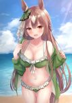  1girl :d animal_ears bare_shoulders beach bikini braid breasts brown_hair cleavage cowboy_shot frilled_bikini frills green_bikini green_jacket hair_ornament highres horse_ears jacket long_hair looking_at_viewer medium_breasts navel off_shoulder open_clothes open_jacket outdoors red_eyes satono_diamond_(umamusume) smile solo standing stomach string_bikini swimsuit thigh_gap thighs touhourh umamusume very_long_hair 