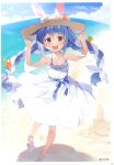  1girl absurdres animal_ears bangs bare_shoulders beach blue_hair blue_sky blush braid breasts cleavage cloud cloudy_sky collarbone day dress eyebrows_visible_through_hair food-themed_hair_ornament full_body hair_ornament hands_up hat highres holding hololive long_hair looking_at_viewer multicolored_hair ocean open_mouth orange_eyes outdoors page_number scan shiny shiny_hair shore simple_background sky sleeveless sleeveless_dress smile standing sun_hat tied_hair twin_braids usada_pekora virtual_youtuber water white_dress white_hair yuuki_hagure 