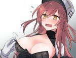  1girl azur_lane bangs black_gloves blush breasts cleavage coat_dress collarbone dress eyebrows_visible_through_hair gloves large_breasts leo_(leo_ms_888) long_hair looking_at_viewer open_mouth papakha red_hair simple_background solo upper_body volga_(azur_lane) white_dress white_gloves white_headwear yellow_eyes 