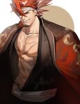  1boy ahoge alchemy_stars bandages bangs bara bare_pectorals black_hair earrings facial_hair goatee headband highres jewelry long_hair male_focus mature_male mu_yan_(walkercaosiwo) multicolored_hair muscular muscular_male pectorals red_hair sideburns sinsa_(alchemy_stars) solo white_hair yellow_eyes 