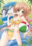  1girl absurdres ball beachball bikini bird breasts cleavage cooler food green_eyes highres ice_cream kichijou_agata large_breasts light_brown_hair long_hair looking_at_viewer navel original penguin popsicle smile solo swimsuit twintails very_long_hair wading_pool water yellow_bikini 