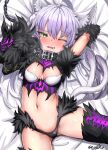  1girl absurdres agrius_metamorphosis ahoge anger_vein animal_ear_fluff animal_ears arm_up atalanta_(alter)_(fate) atalanta_(fate) bangs bed_sheet belly_rub belt_buckle black_fur black_gloves black_legwear blush boar braid breasts buckle cat_ears cat_tail chain cleavage collar elbow_gloves eyebrows_visible_through_hair fang fate/grand_order fate_(series) french_braid fur-trimmed_legwear fur_trim gloves green_eyes grey_hair highres long_hair looking_at_viewer lying navel on_back on_bed one_eye_closed open_mouth pelt sekai_saisoku_no_panda shiny shiny_skin small_breasts solo stomach tail thighhighs thighs tusks 