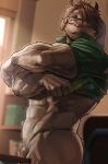  1boy abs absurdres animal_ears bangs blush bottomless brown_hair catoblepas_(housamo) clothes_grab clothes_lift furry furry_male green_shirt highres horns long_hair looking_away male_focus muscular muscular_male open_mouth ponytail pubic_hair shirt shirt_lift solo stomach tokyo_afterschool_summoners wasp_(anthyutena) 