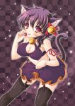  1girl :p animal_ears bell black_legwear breasts candy cat_ears cat_girl cat_tail cleavage food garter_belt garter_straps halloween jingle_bell kichijou_agata large_breasts looking_at_viewer medium_hair navel original pink_eyes purple_hair red_ribbon ribbon skirt smile solo tail thighhighs tongue tongue_out 