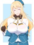  1girl ascot atago_(kancolle) beret black_gloves blonde_hair blue_headwear blue_jacket breasts closed_eyes frilled_sleeves frills gloves hat highres jacket kantai_collection lactone large_breasts long_hair military military_uniform off_shoulder shirt solo uniform white_ascot white_shirt 