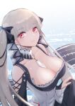  1girl azur_lane bangs black_dress blush breasts cleavage closed_mouth clothes_lift collarbone dress dress_lift eyebrows_visible_through_hair formidable_(azur_lane) hair_ribbon large_breasts leo_(leo_ms_888) long_hair looking_at_viewer platinum_blonde_hair red_eyes ribbon simple_background solo twintails upper_body 