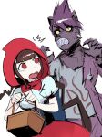  1boy 1girl ^^^ bangs basket bow bowtie brown_hair cape cosplay cowboy_shot danganronpa_(series) danganronpa_v3:_killing_harmony fur grey_shirt harukawa_maki highres holding holding_basket hood hood_up jacket little_red_riding_hood little_red_riding_hood_(grimm) little_red_riding_hood_(grimm)_(cosplay) long_hair mole mole_under_eye momota_kaito no_pupils open_clothes open_jacket print_shirt puffy_short_sleeves puffy_sleeves qosic red_bow red_bowtie red_cape red_eyes red_skirt sharp_teeth shiny shiny_hair shirt short_sleeves skirt teeth werewolf 