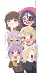  6+girls blush covering_mouth earrings fang full-face_blush hand_on_another&#039;s_head hayasaka_mirei highres hoshi_syoko idolmaster idolmaster_cinderella_girls jewelry koshimizu_sachiko looking_afar morikubo_nono multiple_girls peeping rectangular_mouth sakuma_mayu shirasaka_koume shisui_(5830217) stud_earrings surprised sweatdrop upper_body wide-eyed 