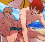  2boys alek_reyes bakugou_katsuki beach blonde_hair blurry boku_no_hero_academia commentary depth_of_field english_commentary highres imminent_anal imminent_penetration kirishiba kirishima_eijirou male_focus multiple_boys multiple_penises nipples open_mouth penis red_eyes saliva sharp_teeth spiked_hair sweat swimsuit teeth toned toned_male umbrella undressing undressing_another yaoi 