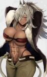 1girl abs animal_ear_fluff animal_ears arms_behind_head black_jacket breasts choker closed_mouth commentary_request dark-skinned_female dark_skin ghislaine_dedoldia green_pants grey_background grey_hair highres jacket large_breasts long_hair long_sleeves looking_at_viewer muscular muscular_female mushoku_tensei navel open_fly pants red_choker red_eyes scar scar_on_cheek scar_on_face scar_on_stomach smile solo tail white_eyepatch white_hair yunamaro 