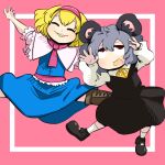  2girls alice_margatroid animal_ears bangs black_footwear blonde_hair blue_dress blush capelet closed_eyes commentary_request cookie_(touhou) dress frilled_capelet frills full_body gram_9 grey_hair grey_skirt grey_vest hair_between_eyes hairband ichigo_(cookie) long_sleeves mouse_ears mouse_girl multiple_girls nazrin neckerchief nyon_(cookie) open_mouth pink_background pink_hairband pink_neckerchief pink_sash red_eyes sash shirt shoes short_hair skirt smile socks touhou upturned_eyes vest white_capelet white_legwear white_shirt 