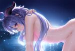  1girl ahoge all_fours backlighting bathing blue_hair breasts closed_mouth commentary_request completely_nude from_side ganyu_(genshin_impact) genshin_impact highres horns long_hair looking_at_viewer looking_to_the_side medium_breasts neit_ni_sei night night_sky nude outdoors profile purple_hair revision sideboob sideways_glance sky solo very_long_hair water 