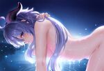  1girl ahoge all_fours backlighting bathing blue_hair breasts closed_mouth commentary_request completely_nude from_side ganyu_(genshin_impact) genshin_impact highres horns long_hair looking_at_viewer looking_to_the_side medium_breasts neit_ni_sei night night_sky nude outdoors profile purple_hair sideboob sideways_glance sky solo very_long_hair water 