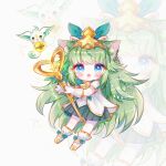  1girl :3 :d bangs blue_eyes blush bow commentary_request eyebrows_visible_through_hair fang full_body gloves green_bow green_hair hair_bow hair_ornament holding holding_staff league_of_legends long_hair looking_at_viewer lulu_(league_of_legends) miniskirt pix_(league_of_legends) pleated_skirt shiny shiny_hair shito_neko_(zitonger) shoes short_sleeves skirt smile staff star_(symbol) star_guardian_(league_of_legends) star_guardian_lulu watermark white_gloves yordle 