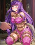  1girl absurdres animal_ears bdsm blush bondage boots bound breasts clenched_teeth crotch_rope fujiwara_zakuro highres kneeling large_breasts long_hair mew_zakuro midriff navel purple_eyes purple_hair rope sex_toy shibari shibari_over_clothes shorts tail teeth thigh_boots thighhighs tokyo_mew_mew type-dog vibrator vibrator_under_clothes wolf_ears wolf_tail 