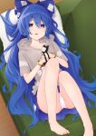  1girl bangle barefoot blue_bow blue_eyes blue_hair blue_skirt blush bow bracelet collarbone grey_hoodie hair_between_eyes hair_bow highres hood hoodie jewelry kanpa_(campagne_9) long_hair open_mouth short_sleeves skirt solo stuffed_animal stuffed_cat stuffed_toy touhou yorigami_shion 