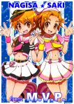  2girls :d alternate_costume character_name commentary_request english_text eyelashes futari_wa_precure futari_wa_precure_splash_star hair_ornament hairclip happy hat hyuuga_saki jumping leg_warmers looking_at_viewer midriff misumi_nagisa multiple_girls navel open_mouth orange_eyes orange_hair precure puffy_short_sleeves puffy_sleeves shirono shirt short_hair short_sleeves skirt smile striped striped_legwear trait_connection twitter_username wrist_cuffs 