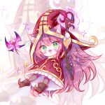  1girl :d animal_ear_fluff bangs blush brown_footwear dress eyebrows_visible_through_hair fairy green_eyes highres holding holding_staff league_of_legends long_hair long_sleeves looking_at_viewer lulu_(league_of_legends) pantyhose pink_hair pix_(league_of_legends) red_dress red_headwear shiny shiny_hair shito_neko_(zitonger) smile sparkle staff tongue watermark wings yordle 