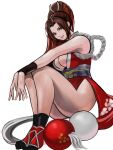  1girl :d bare_shoulders breasts brown_eyes brown_hair fatal_fury hands_on_own_knees high_ponytail highres long_hair looking_at_viewer medium_breasts meke_(77842928) ninja pelvic_curtain ponytail revealing_clothes shiranui_mai smile solo the_king_of_fighters thighs wrist_cuffs 