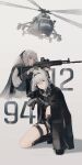  2girls absurdres aircraft ak-12 ak-12_(girls&#039;_frontline) an-94 an-94_(girls&#039;_frontline) assault_rifle black_gloves braid commentary english_commentary fingerless_gloves french_braid girls&#039;_frontline gloves glowing glowing_eyes grey_eyes grey_hair gun helicopter highres holding holding_gun holding_weapon kalashnikov_rifle long_hair long_sleeves md5_mismatch medium_hair mi-8 multiple_girls partially_fingerless_gloves ponytail rifle useless weapon 