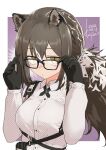 1girl animal_ears arknights bangs bespectacled black-framed_eyewear black_skin blush border breasts brown_hair closed_mouth collared_shirt colored_skin commentary_request dated eyebrows_visible_through_hair freckles glasses hands_up kiyu_(queue) long_hair long_sleeves looking_at_viewer medium_breasts multicolored_hair nose_blush outside_border polka_dot polka_dot_shirt ponytail purple_background raccoon_ears ringed_eyes robin_(arknights) shirt signature simple_background solo streaked_hair two-tone_hair upper_body white_border white_hair white_shirt yellow_eyes 