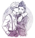  2020 2boys alek_reyes arm_around_back arm_around_neck bakugou_katsuki boku_no_hero_academia bow bowtie collared_shirt happy_new_year highres kirishima_eijirou kiss kissing_cheek looking_at_viewer monochrome multiple_boys necktie open_mouth sharp_teeth shirt signature smile spiked_hair suspenders teeth white_shirt yaoi 