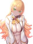  1girl absurdres blonde_hair bow bowtie breasts cleavage closed_mouth eyebrows_visible_through_hair green_eyes hair_between_eyes hands_in_pockets highres hololive jacket kumiko_shiba large_breasts long_hair long_sleeves looking_at_viewer momosuzu_nene open_clothes open_jacket simple_background solo virtual_youtuber white_background white_jacket 