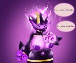  2022 banette big_breasts breasts callista_(reapcreates831) clothing crotchless_clothing dialogue english_text ethereal_hair exposed_breasts female genitals glowing glowing_body glowing_skin hi_res huge_breasts humanoid nintendo nipples not_furry pok&eacute;mon pok&eacute;mon_(species) purple_background purple_body purple_eyes purple_skin pussy reapcreates831 roserade rubber rubber_clothing rubber_suit shapeshifting simple_background solo text video_games zipper zipper_mouth 