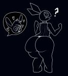  &lt;3 big_butt black_body black_skin blush blush_lines bottomless butt clothed clothing dress ears_up eye_contact female hair head_tuft heart_reaction hi_res lagomorph leporid looking_at_another looking_back male mammal mr_rottson open_mouth question_mark rabbit smile speech_bubble tuft vib-ribbon vibri video_games wide_hips 