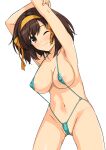  1girl areola_slip areolae armpits arms_up ass_visible_through_thighs bangs blue_swimsuit bow breasts brown_eyes brown_hair closed_mouth collarbone commentary_request covered_nipples cowboy_shot eyebrows_visible_through_hair hair_bow hairband haruhisky highres large_breasts legs_apart looking_at_viewer medium_hair navel one_eye_closed orange_bow orange_hairband revealing_clothes simple_background slingshot_swimsuit smile solo standing stomach strap_gap suzumiya_haruhi suzumiya_haruhi_no_yuuutsu swimsuit white_background 