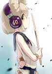  1girl bad_perspective bare_shoulders bracelet breasts earmuffs hashiro holding holding_stick jewelry light_brown_hair looking_at_viewer pointy_hair profile ritual_baton short_hair sideways_glance simple_background small_breasts smile solo stick touhou toyosatomimi_no_miko yellow_eyes 