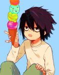  1boy blue_background brown_hair death_note feet_out_of_frame food green_pants hair_between_eyes hand_on_own_knee holding holding_food ice_cream_cone ka_(marukogedago) l_(death_note) long_sleeves looking_at_food male_focus open_mouth pants shirt short_sleeves simple_background solo white_shirt 