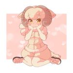  1girl :3 animal_ears blush coat commentary_request drawstring elbow_gloves eyebrows_visible_through_hair fur_collar fur_trim gloves hands_on_own_cheeks hands_on_own_face horns kemono_friends looking_at_viewer majikaru_pokonyan pantyhose puffy_coat sheep_(kemono_friends) sheep_ears sheep_girl sheep_horns sheep_tail shoes short_hair shorts sitting sneakers solo tail wariza white_coat white_footwear white_fur white_gloves white_hair white_legwear white_shorts yellow_eyes 