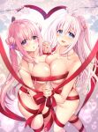  2girls :o bangs bare_shoulders blue_eyes breast_press breasts cleavage eyebrows_visible_through_hair feet_out_of_frame hair_ornament highres interlocked_fingers large_breasts long_hair looking_at_viewer multiple_girls naked_ribbon original pink_eyes pink_hair ribbon ringo_sui sakurai_airi sakurai_sakura standing symmetrical_docking twintails white_hair 