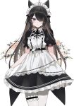  1girl :&gt; ahoge animal_ears apron arm_at_side bangs black_hair black_ribbon chiemo_(xcem) closed_mouth cowboy_shot curtsey dress eyebrows_behind_hair flower frilled_dress frills gloves hair_over_one_eye highres legs_together light_blush long_hair looking_at_viewer maid maid_apron maid_headdress neck_ribbon one_eye_covered original pantyhose purple_eyes ribbon simple_background smile solo standing swept_bangs thigh_strap thighs white_background white_gloves white_legwear 