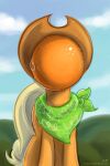  applejack_(mlp) clothing cowboy_hat detailed_background earth_pony equid equine female feral food friendship_is_magic front_view fruit hat headgear headwear hill horse inspired_by_formal_art karol_pawlinski mammal my_little_pony neckerchief orange_(fruit) orange_body outside plant pony solo son_of_man standing text url 