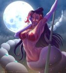  1girl :p abs aramey arm_up armpits bangs bare_shoulders bikini bikini_top_only black_hair blue_eyes breasts cloud cloudy_sky collarbone commentary dark-skinned_female dark_skin elbow_gloves full_moon gloves groin hair_between_eyes hair_bun halterneck hand_on_own_cheek hand_on_own_face highres holding holding_pole kono_subarashii_sekai_ni_shukufuku_wo! kono_subarashii_sekai_ni_shukufuku_wo!:_kurenai_densetsu lamia large_breasts long_hair looking_at_viewer monster_girl moon multicolored_hair navel night night_sky outdoors pole red_bikini red_hair sidelocks sky smile solo spoilers stomach swimsuit sylvia_(konosuba) tongue tongue_out web_address white_gloves 