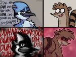  2022 anthro avian beak bedroom_eyes bird bite biting_lip black_beak black_body black_feathers black_stripes black_text blue_body blue_feathers blue_jay blush brown_body brown_fur cartoon_network corvid dead_inside duo facial_markings feathers fur grey_background greyscale head_markings humor jay_(bird) male male/male mammal markings mask_(marking) meme monochrome mordecai_(regular_show) music narrowed_eyes new_world_jay nude oscine passerine procyonid raccoon red_background red_text regular_show rigby_(regular_show) ring_(marking) ringtail scared seductive sensual shadow simple_background starmanshine stripes suggestive suggestive_look suggestive_pose tail_markings text triggered white_body white_feathers 