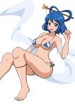  1girl 86-shiki :d bangs bare_shoulders barefoot bikini blue_eyes blue_hair breasts cleavage collarbone eyebrows_visible_through_hair foot_out_of_frame hagoromo hair_ornament hair_rings hair_stick hand_up highres kaku_seiga light_blush looking_at_viewer medium_breasts open_mouth shawl short_hair simple_background smile solo swimsuit toes touhou white_background 